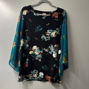 Chico's Black Floral Blouse with Teal Sheer Sleeves